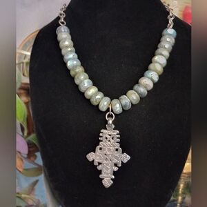 Vintage Ethiopian Coptic Cross Necklace With Stone Beads